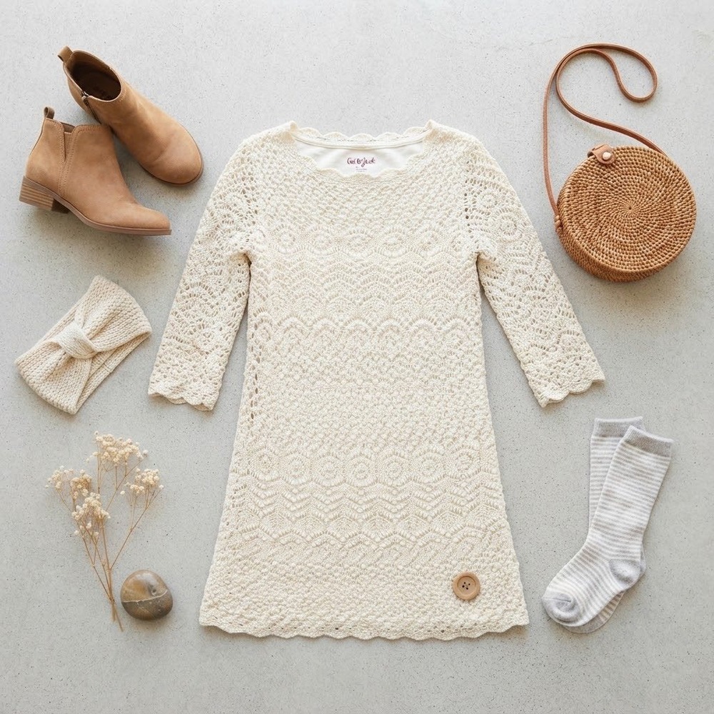 Cat & Jack Girls Cream Crochet Lace Dress Ivory Metallic Sz S 6/6X Long Sleeve